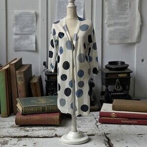 Cathy's Place Resort Polka Dot Duster Cardigan Blue Black  Knit 3/4 Sleeve L